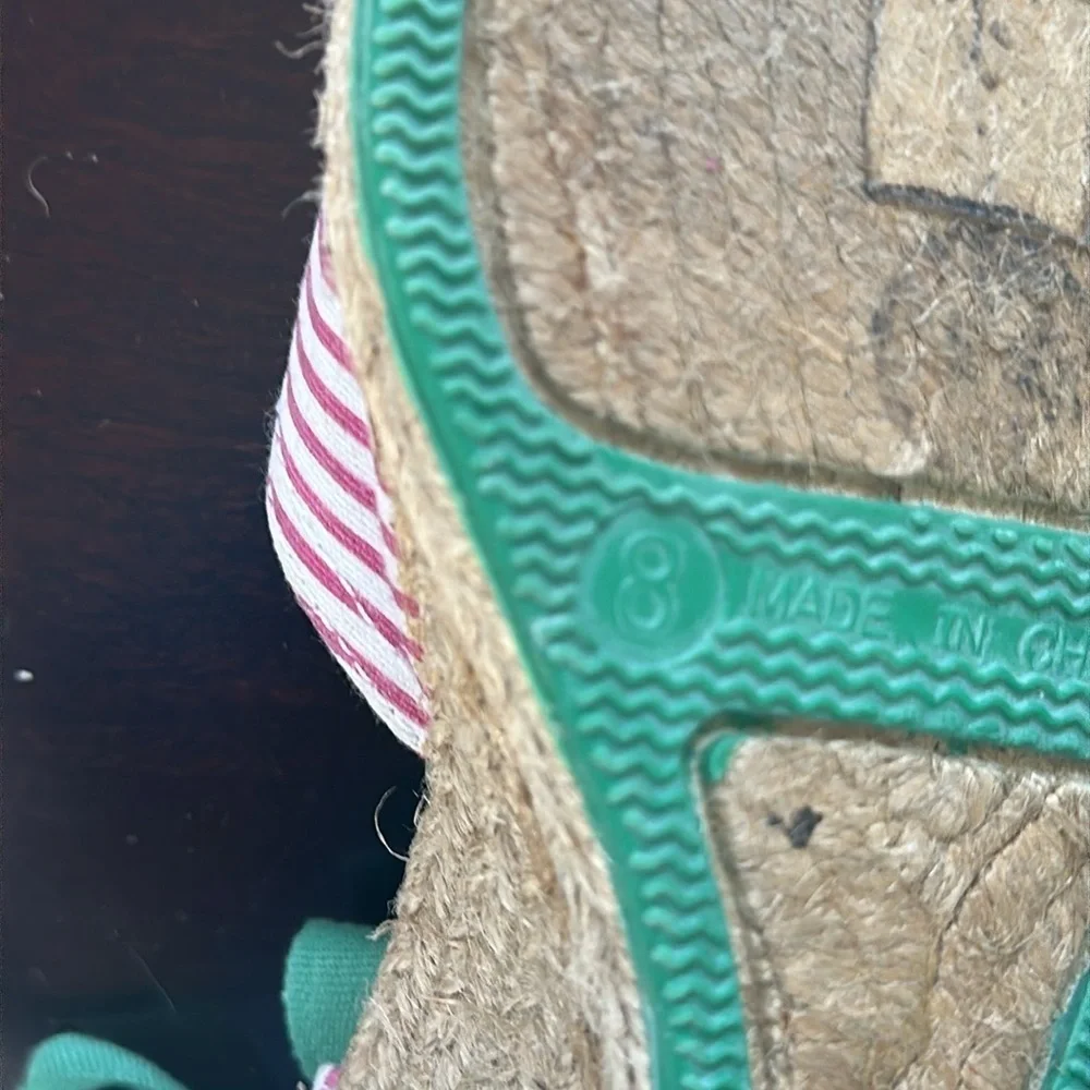 GAP Pink & White Striped Wedge Espadrilles Green Ribbon Sz 8 Preppy Coastal Chic